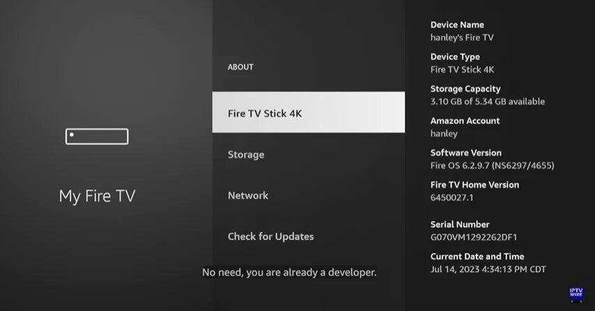 fire tv stick 4k option in about section